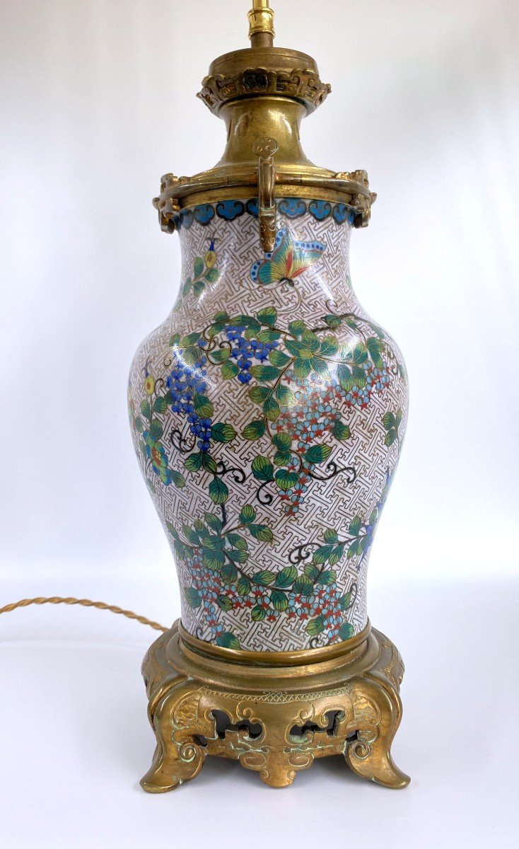 Chinese Cloisonne Baluster Vase Lamp Base Bronze Mount-photo-2
