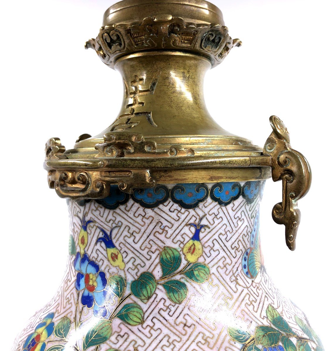 Chinese Cloisonne Baluster Vase Lamp Base Bronze Mount-photo-2