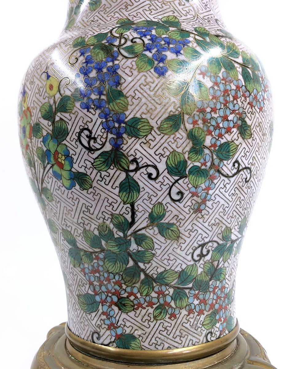 Chinese Cloisonne Baluster Vase Lamp Base Bronze Mount-photo-3