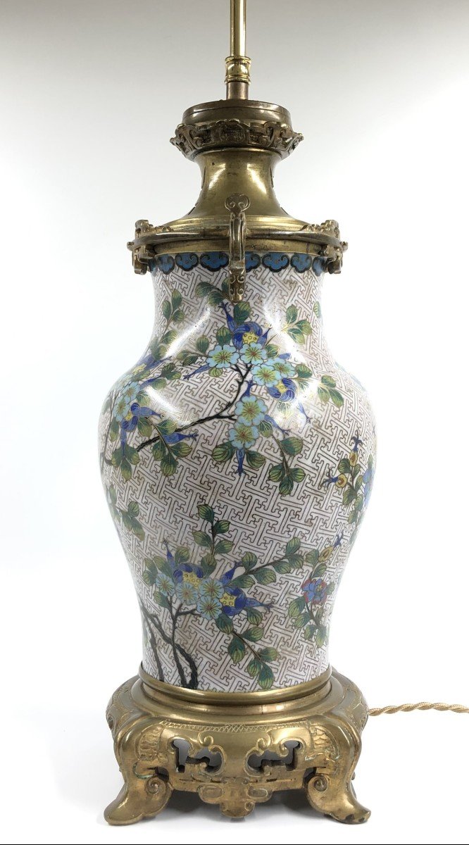 Chinese Cloisonne Baluster Vase Lamp Base Bronze Mount-photo-5