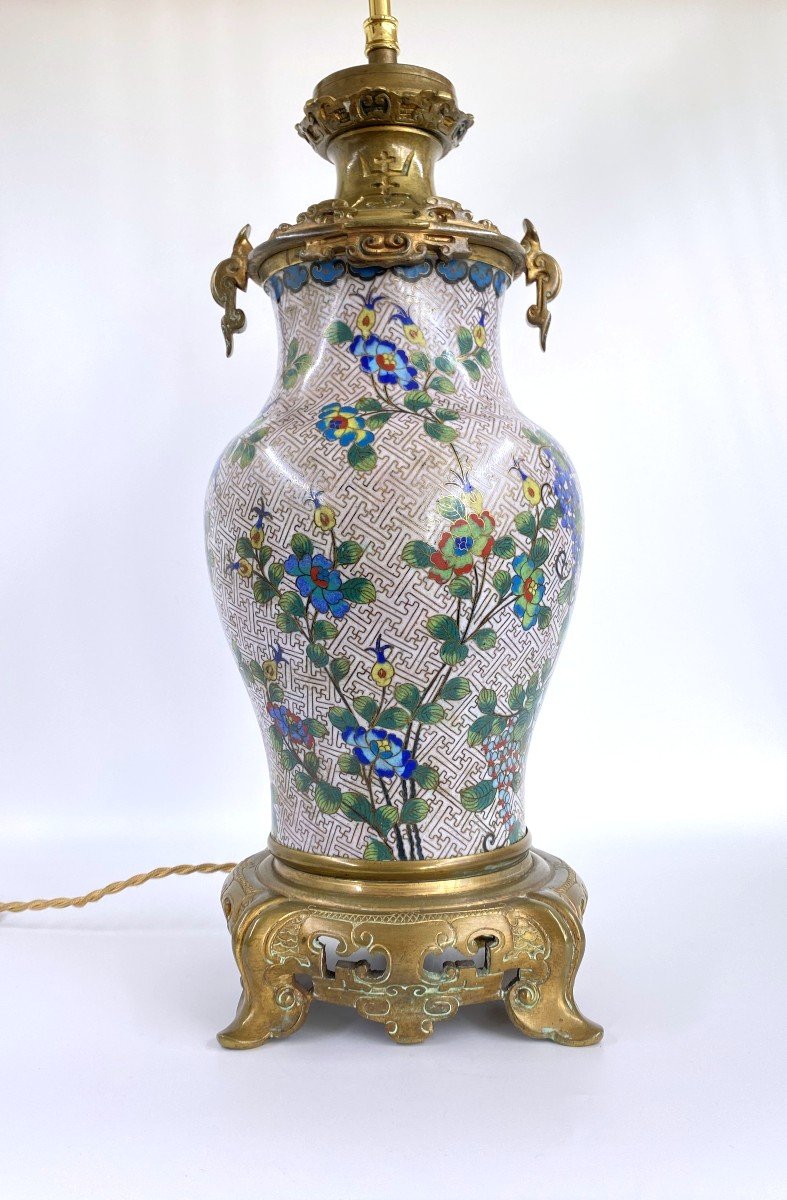 Chinese Cloisonne Baluster Vase Lamp Base Bronze Mount