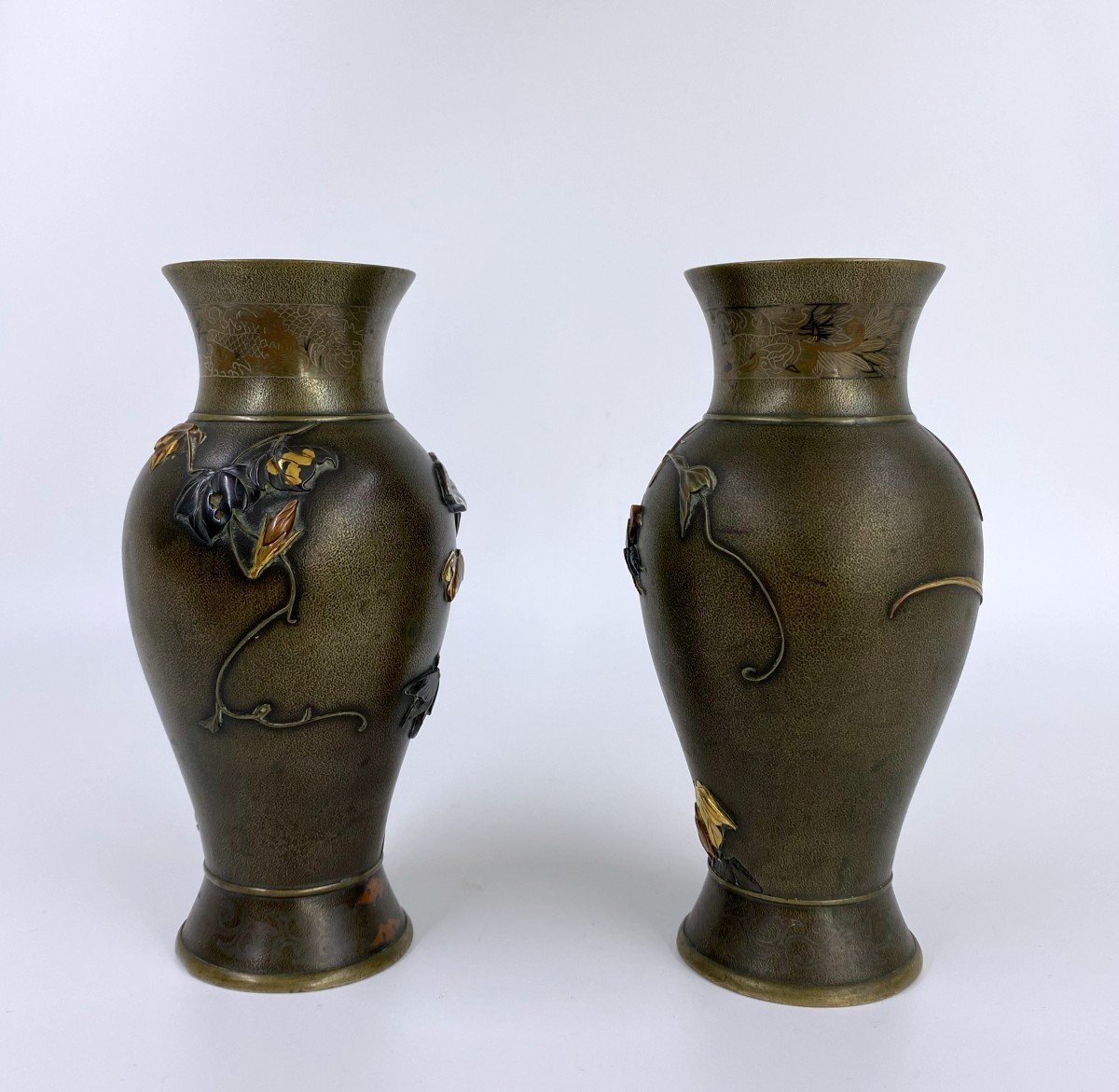 Antique Japanese Mixed Metal Bronze Vases Pair -photo-3