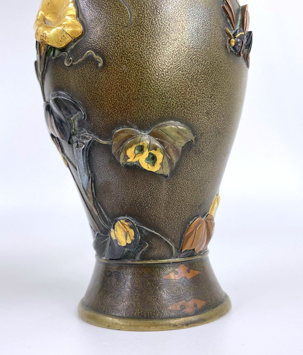 Antique Japanese Mixed Metal Bronze Vases Pair -photo-3