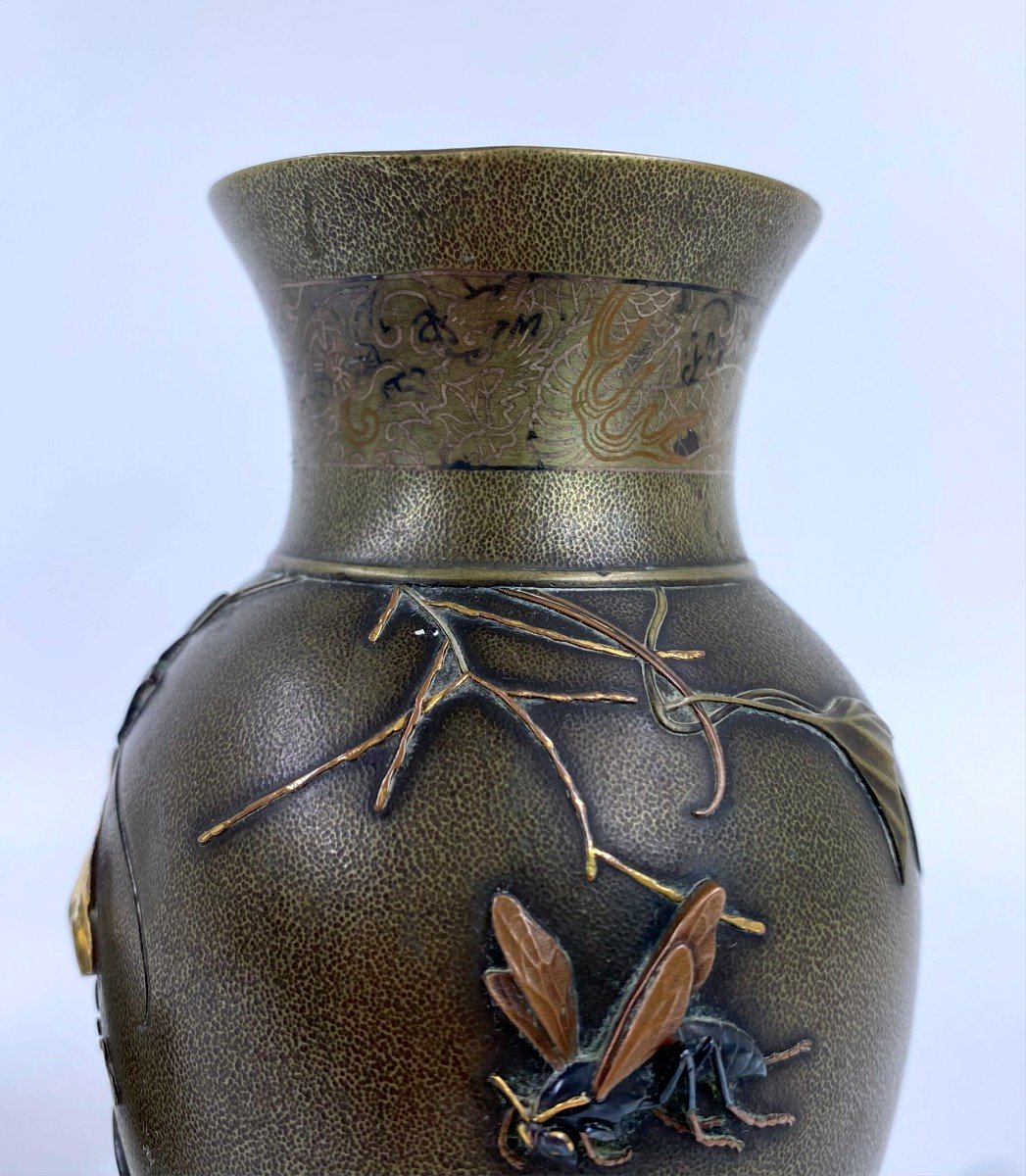 Antique Japanese Mixed Metal Bronze Vases Pair -photo-5