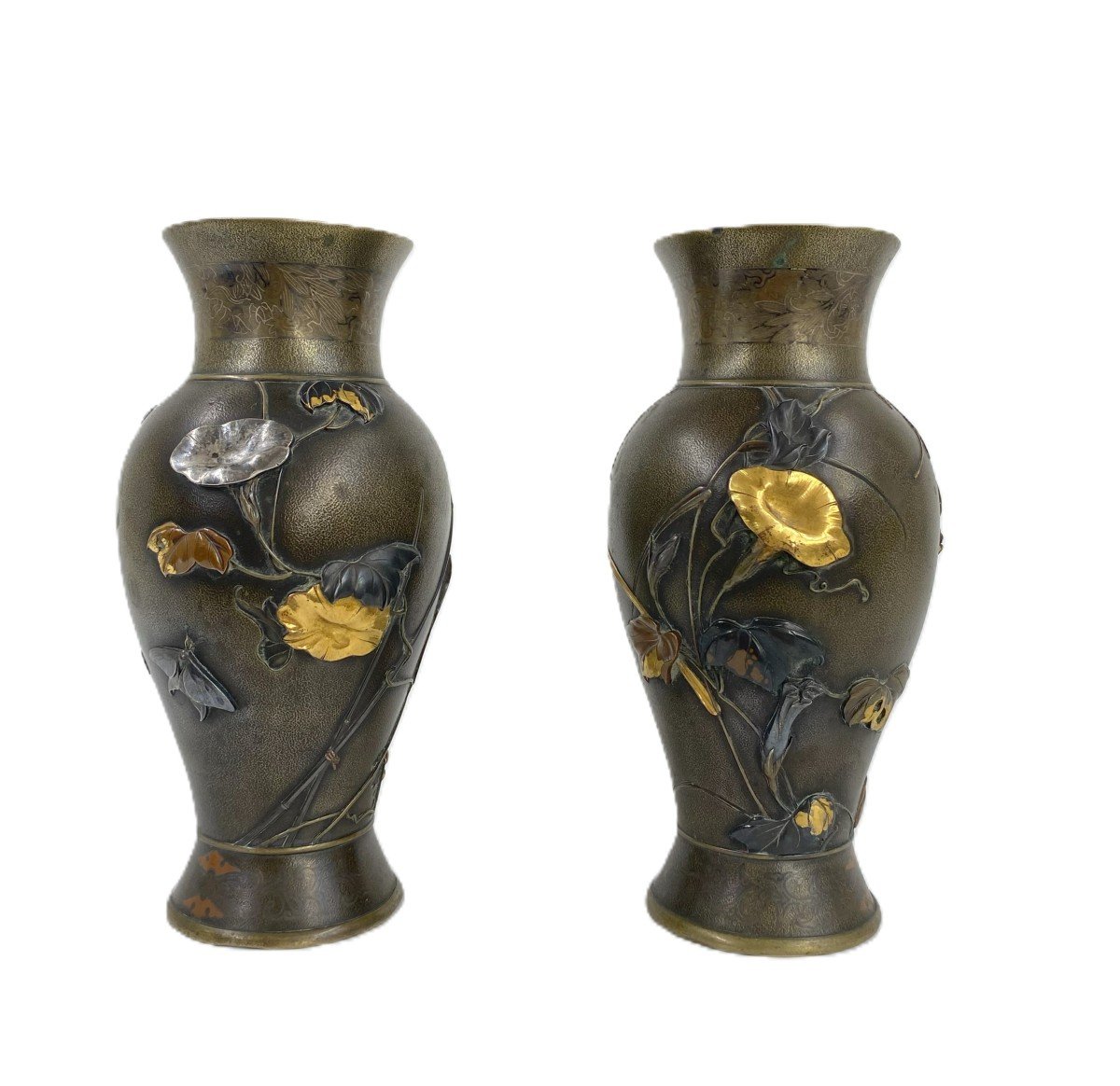 Antique Japanese Mixed Metal Bronze Vases Pair 