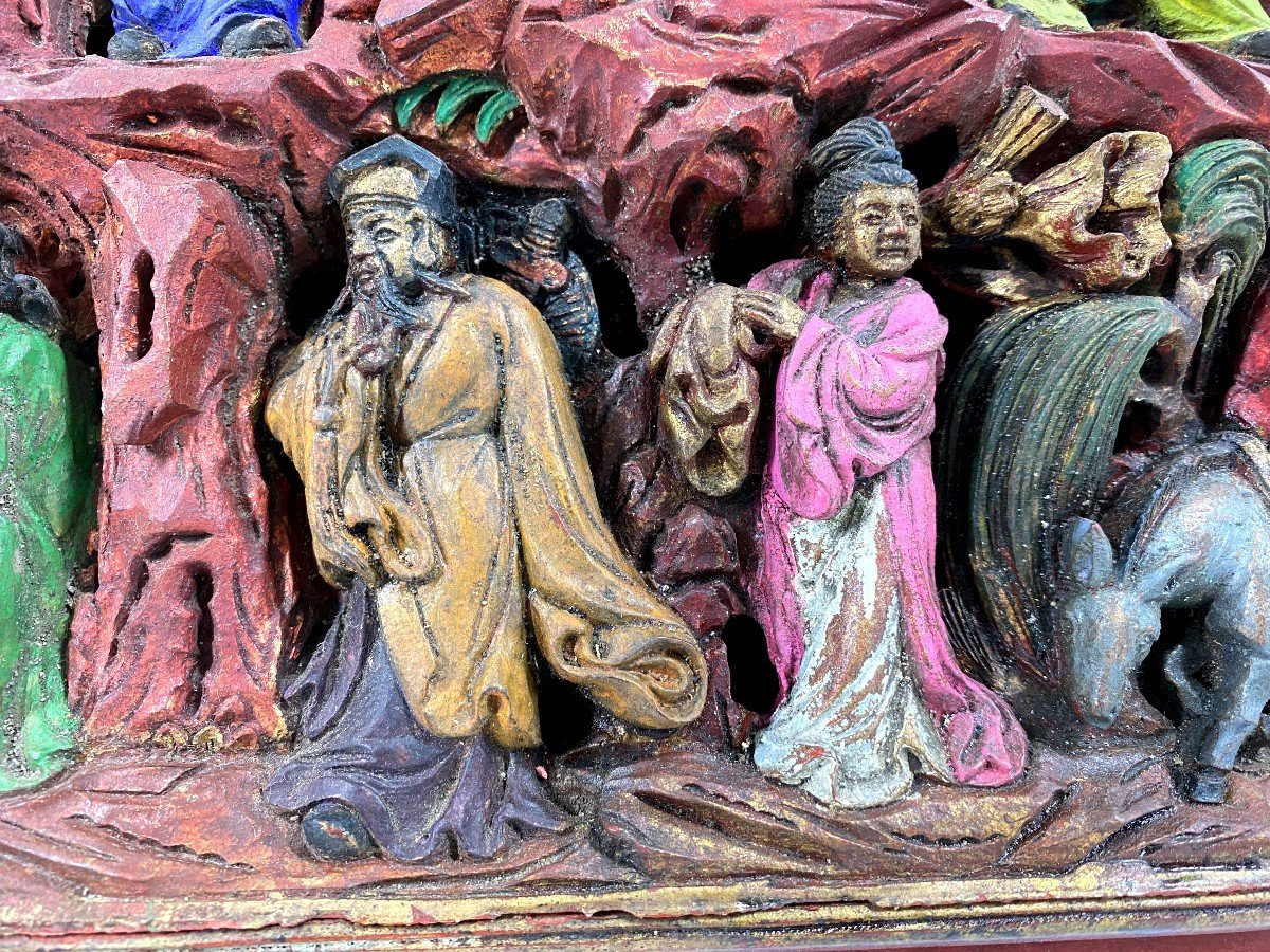 Ancien Panneau Bois Sculpté Bas Relief Chine XIX Eme Baxianguohai-photo-3