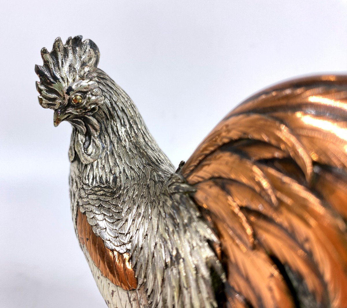 Okimono Japonais En Argent / Alliage Figurant Un Coq P&eacute;riode Meiji   -photo-2