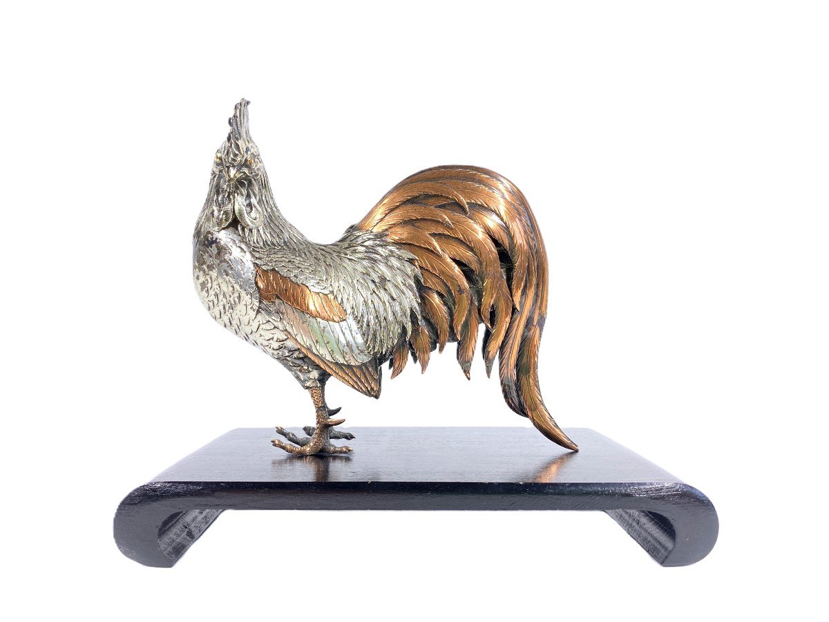 Okimono Japonais En Argent / Alliage Figurant Un Coq P&eacute;riode Meiji   