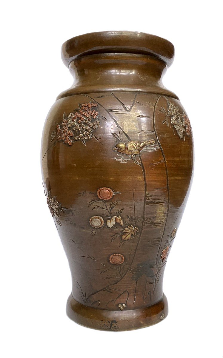 Grand Vase En Bronze Japonais Décor Shakudo Relief -photo-2