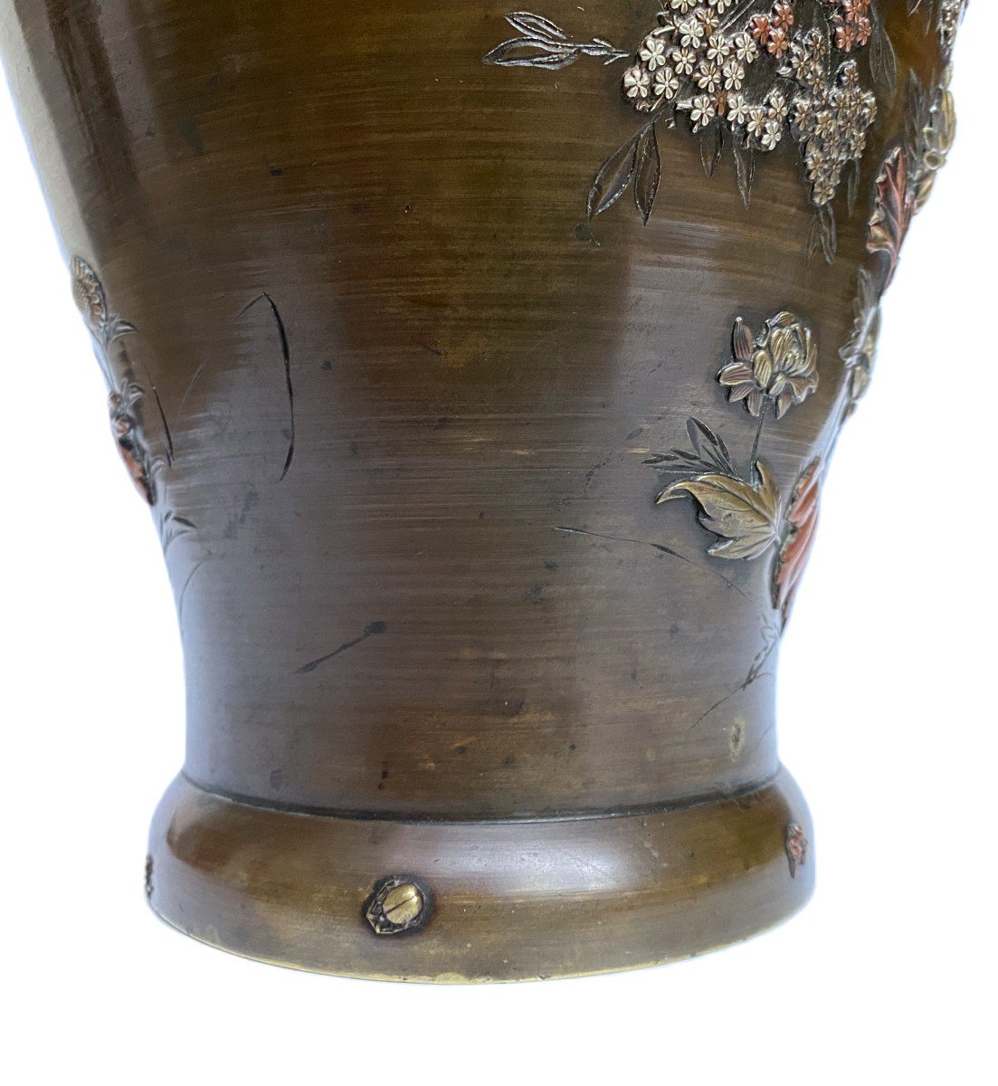 Grand Vase En Bronze Japonais Décor Shakudo Relief -photo-1