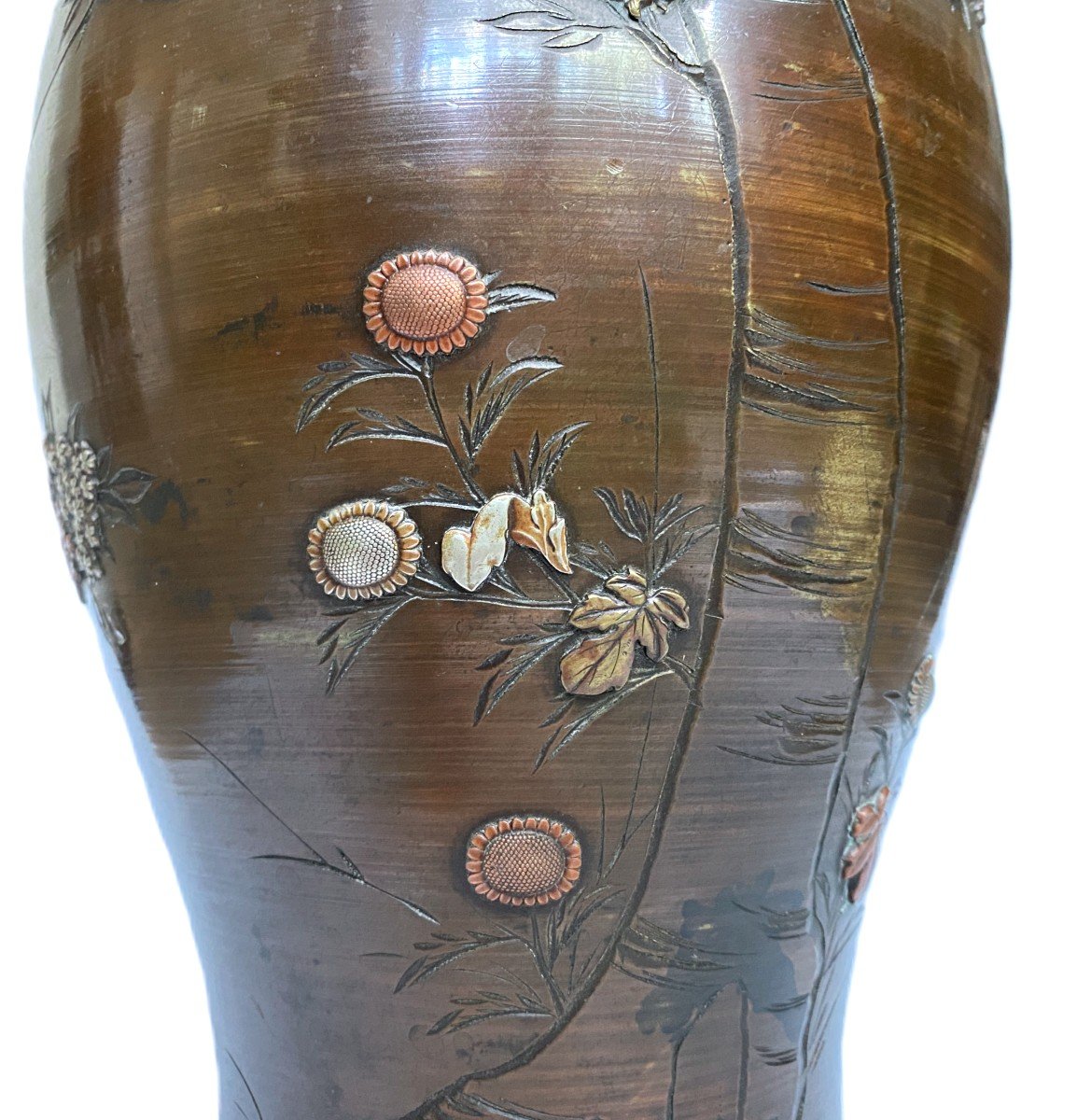 Grand Vase En Bronze Japonais Décor Shakudo Relief -photo-2