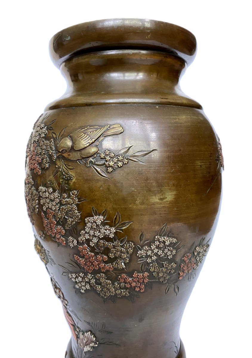 Grand Vase En Bronze Japonais Décor Shakudo Relief -photo-3