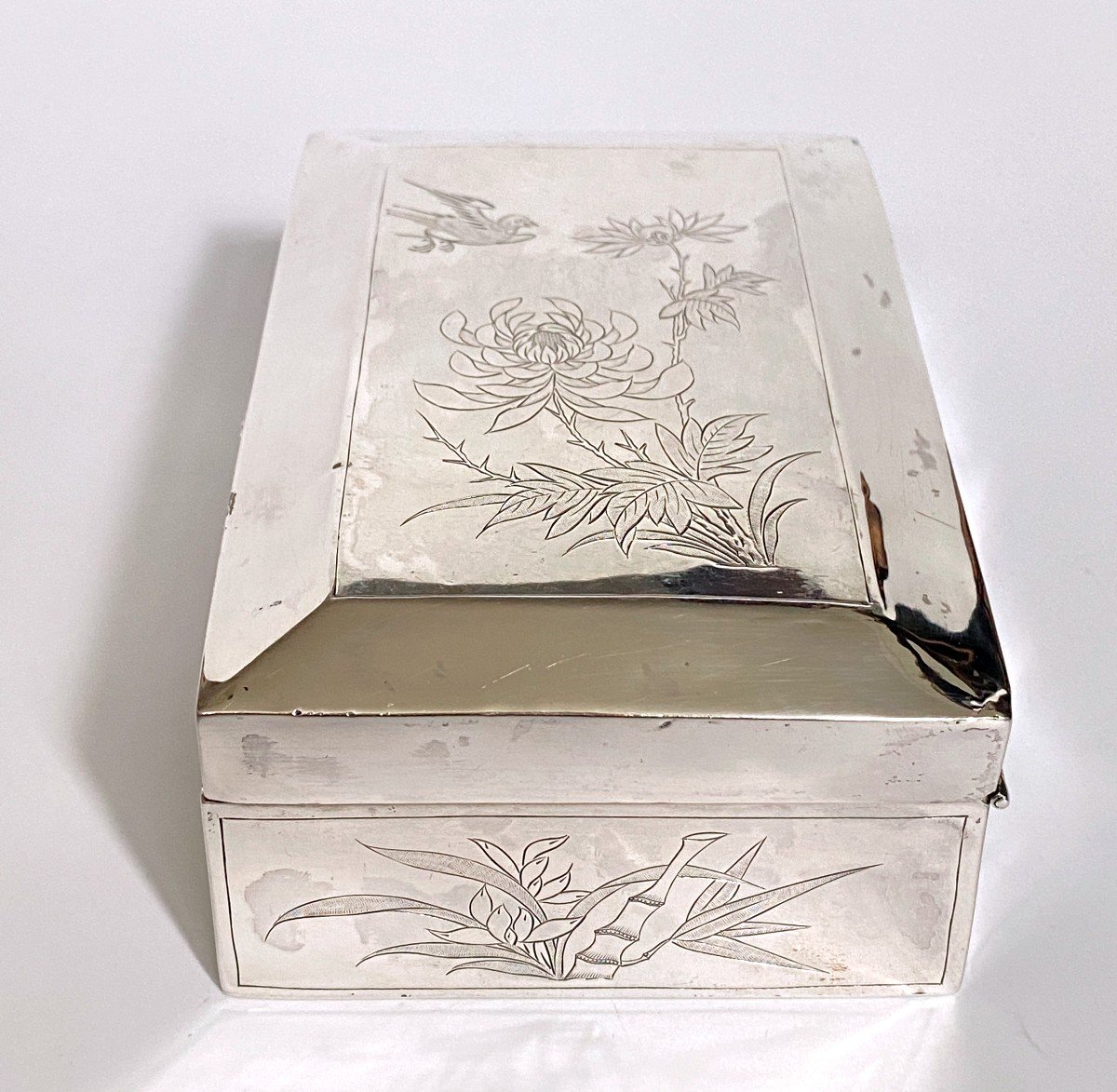 Japanese Silver Cigar Box Meiji Period Japan-photo-3