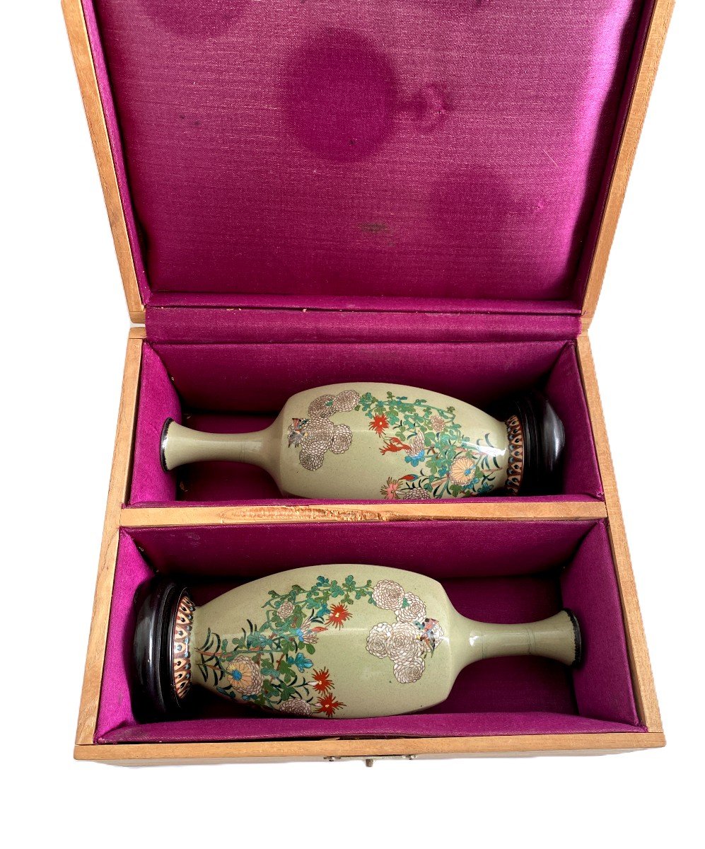 Paire De Vases Emaux Cloisonnés Japon-photo-2