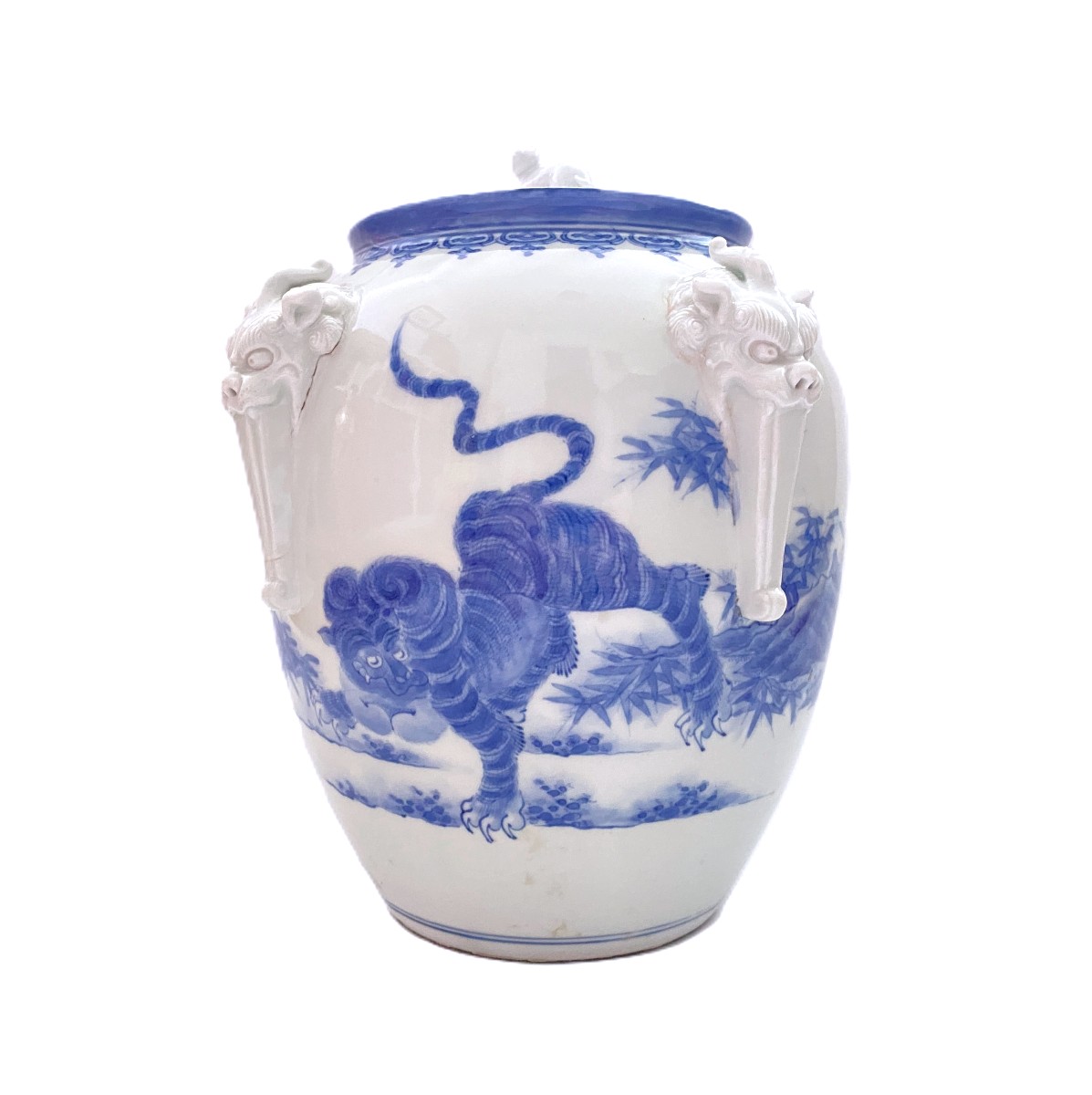 Japanese Hirado Porcelain Covered Water Jar Mizusashi With Tiger