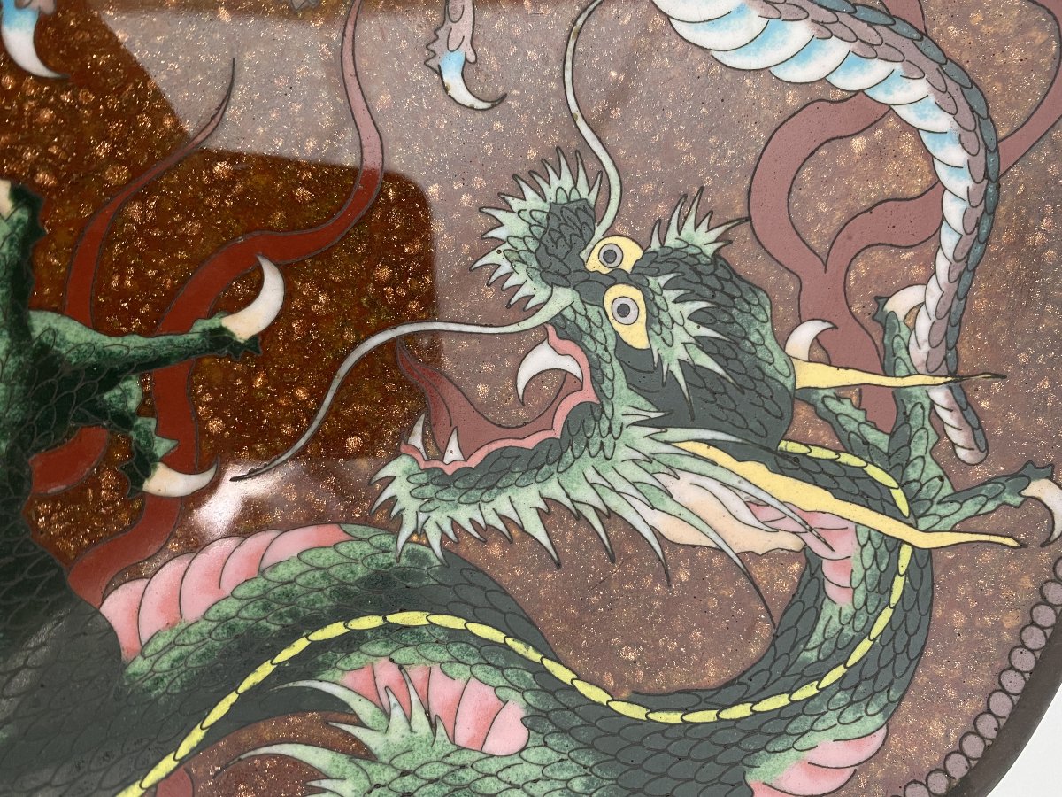 Ancien plat cloisonné à décor de dragons Japon-photo-2
