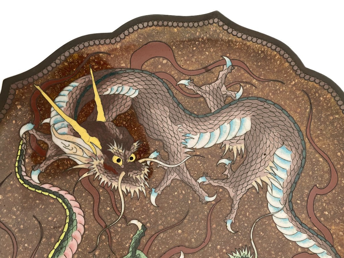 Ancien plat cloisonné à décor de dragons Japon-photo-3