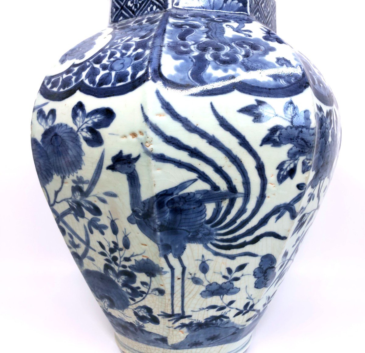 Vase Potiche Octogonale Porcelaine Bleu et Blanc Du Japon Arita-photo-2