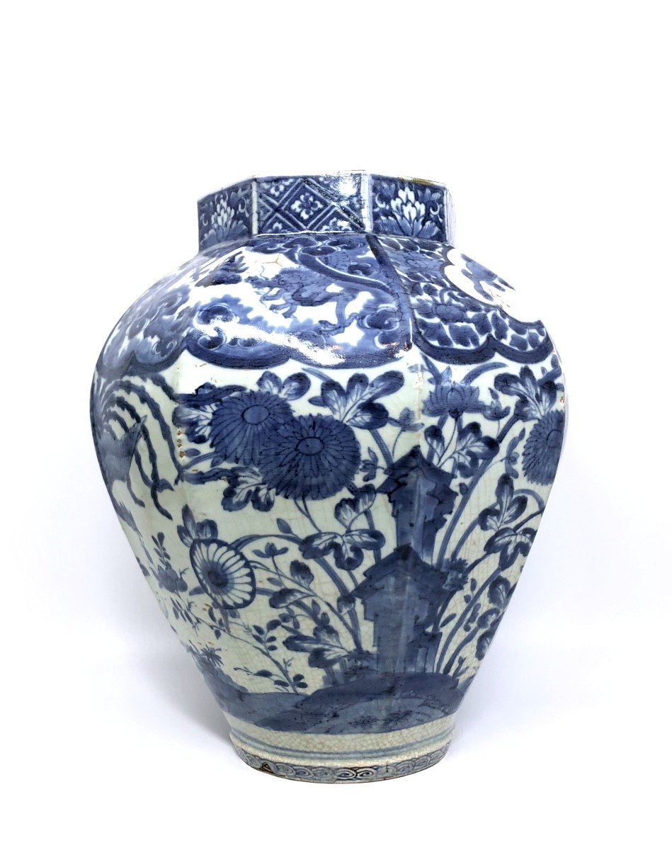 Vase Potiche Octogonale Porcelaine Bleu et Blanc Du Japon Arita-photo-3