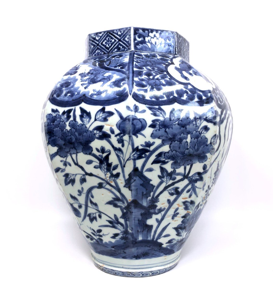 Vase Potiche Octogonale Porcelaine Bleu et Blanc Du Japon Arita-photo-1