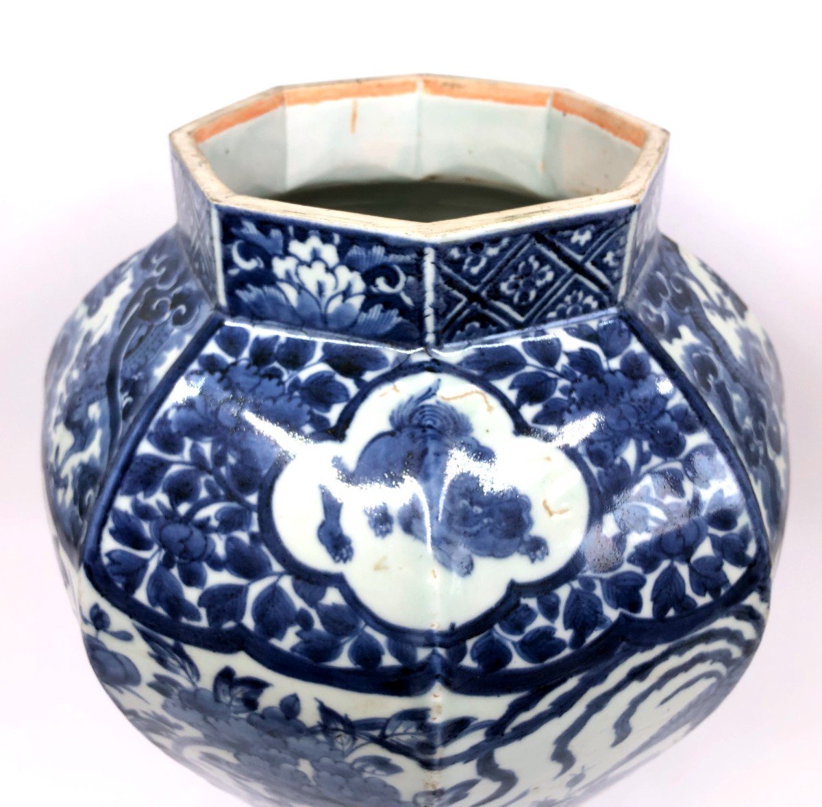 Vase Potiche Octogonale Porcelaine Bleu et Blanc Du Japon Arita-photo-4