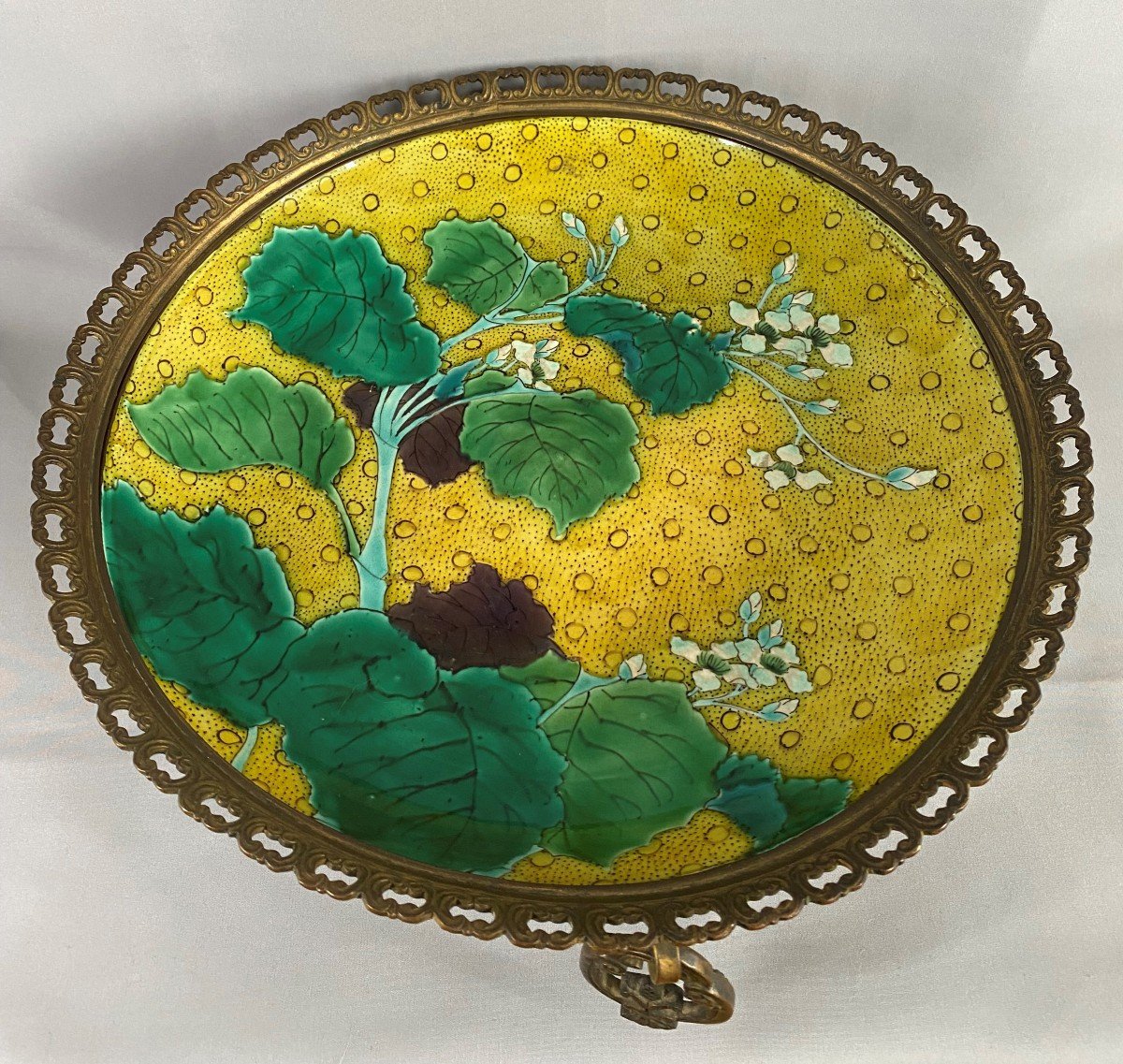 Coupe Plat En Porcelaine Ko Kutani Monture Bronze T&ecirc;tes d'&eacute;l&eacute;phants Japonisant-photo-2