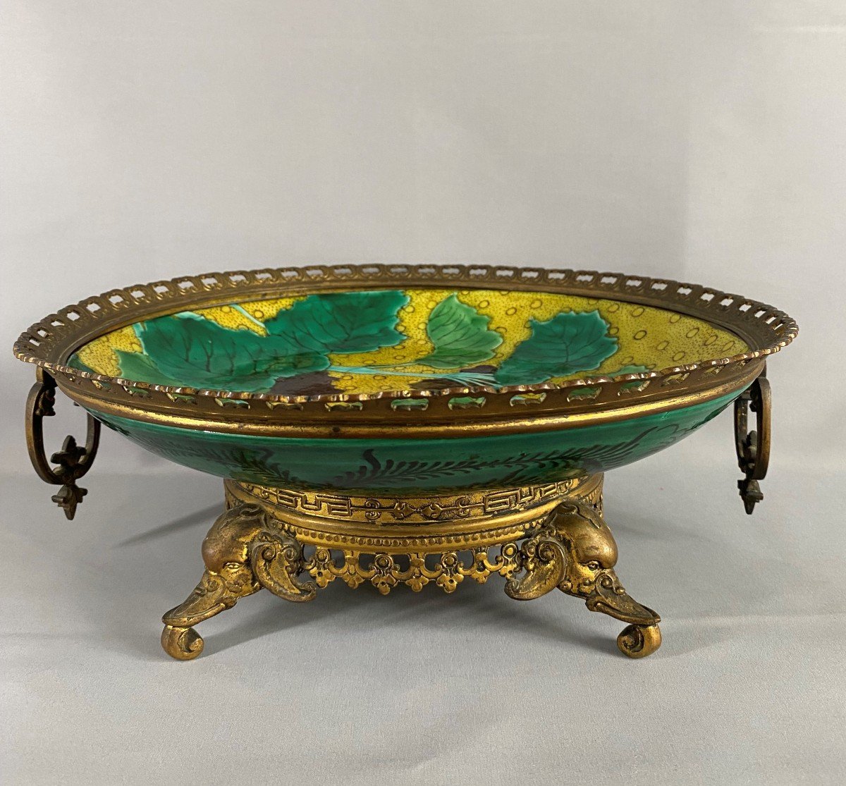 Coupe Plat En Porcelaine Ko Kutani Monture Bronze T&ecirc;tes d'&eacute;l&eacute;phants Japonisant-photo-4