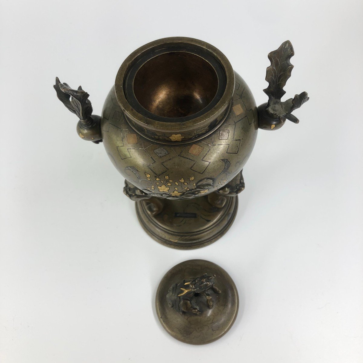 19th C Japanese Bronze Incense Burner Koro Inlaid-photo-4