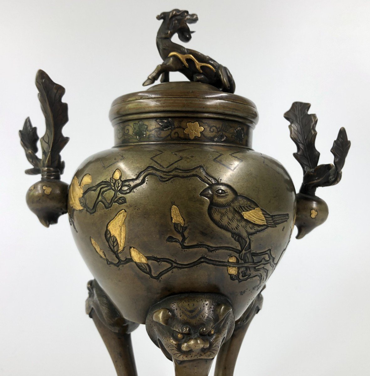 19th C Japanese Bronze Incense Burner Koro Inlaid-photo-5