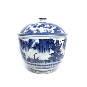 Grand Pot Couvert Arita Bleu Et Blanc Japon Edo