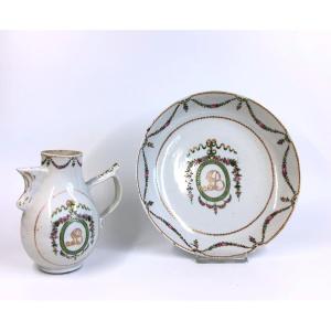 18th C Chinese Export Porcelain Set Jug Dish Coat Of Arms