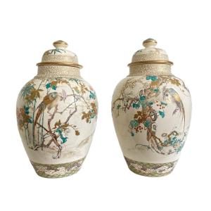 Paire De Vases Potiches Faïence De Satsuma Taizan 