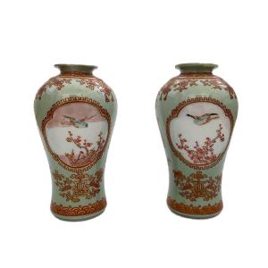 Pair Of Small Japanese Imari Celadon Green Vases