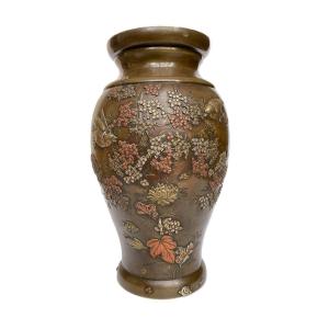 Grand Vase En Bronze Japonais Décor Shakudo Relief 