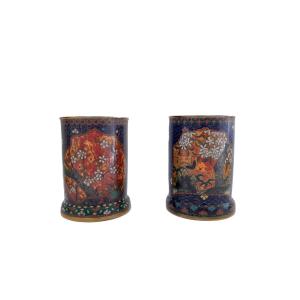 Pair Of Cloisonné Brush Pots, Japanese Namikawa Yasuyuki Style