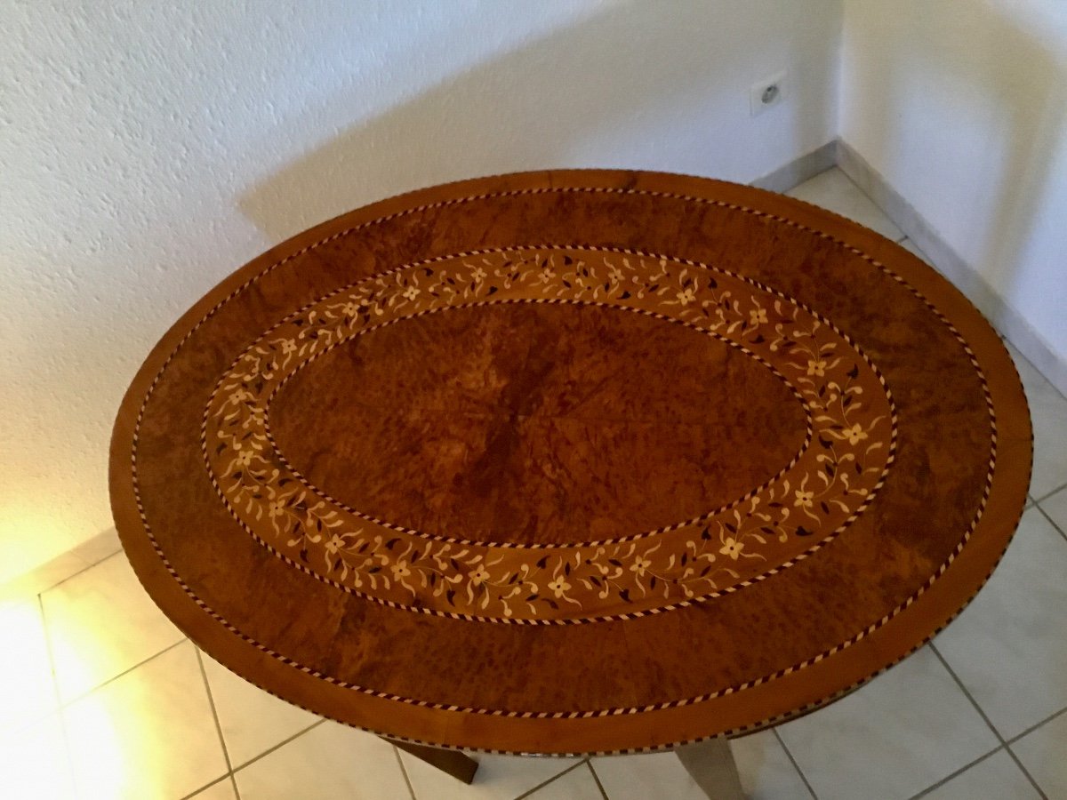Louis Style Pedestal Table In Marquetry And Amboyna Veneer, 1900 Period-photo-3