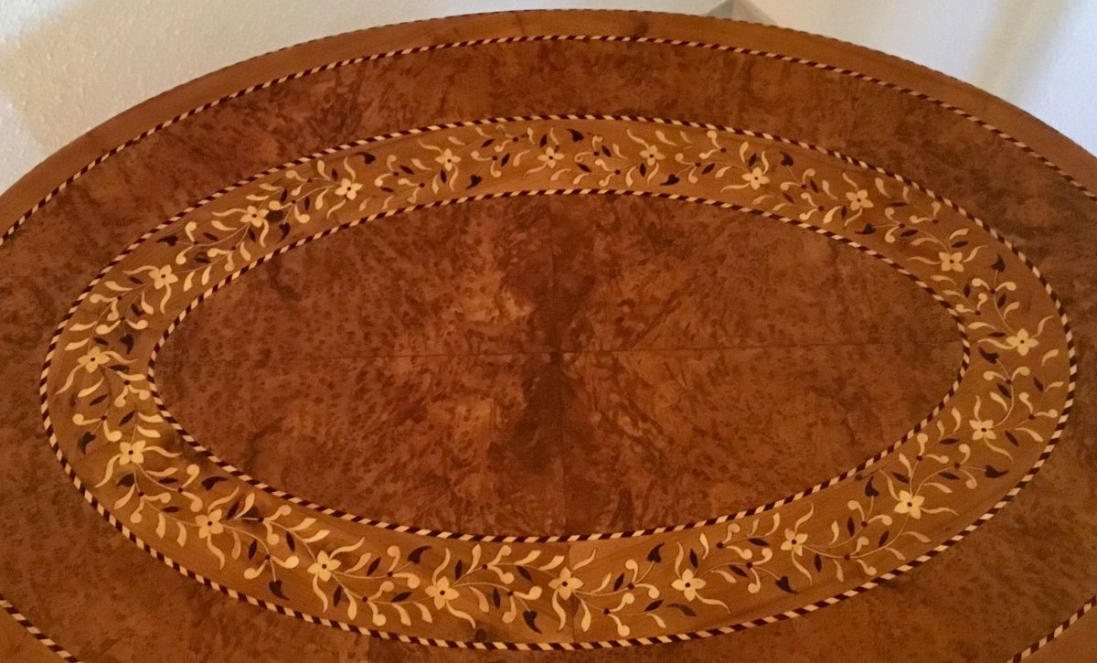 Louis Style Pedestal Table In Marquetry And Amboyna Veneer, 1900 Period-photo-4