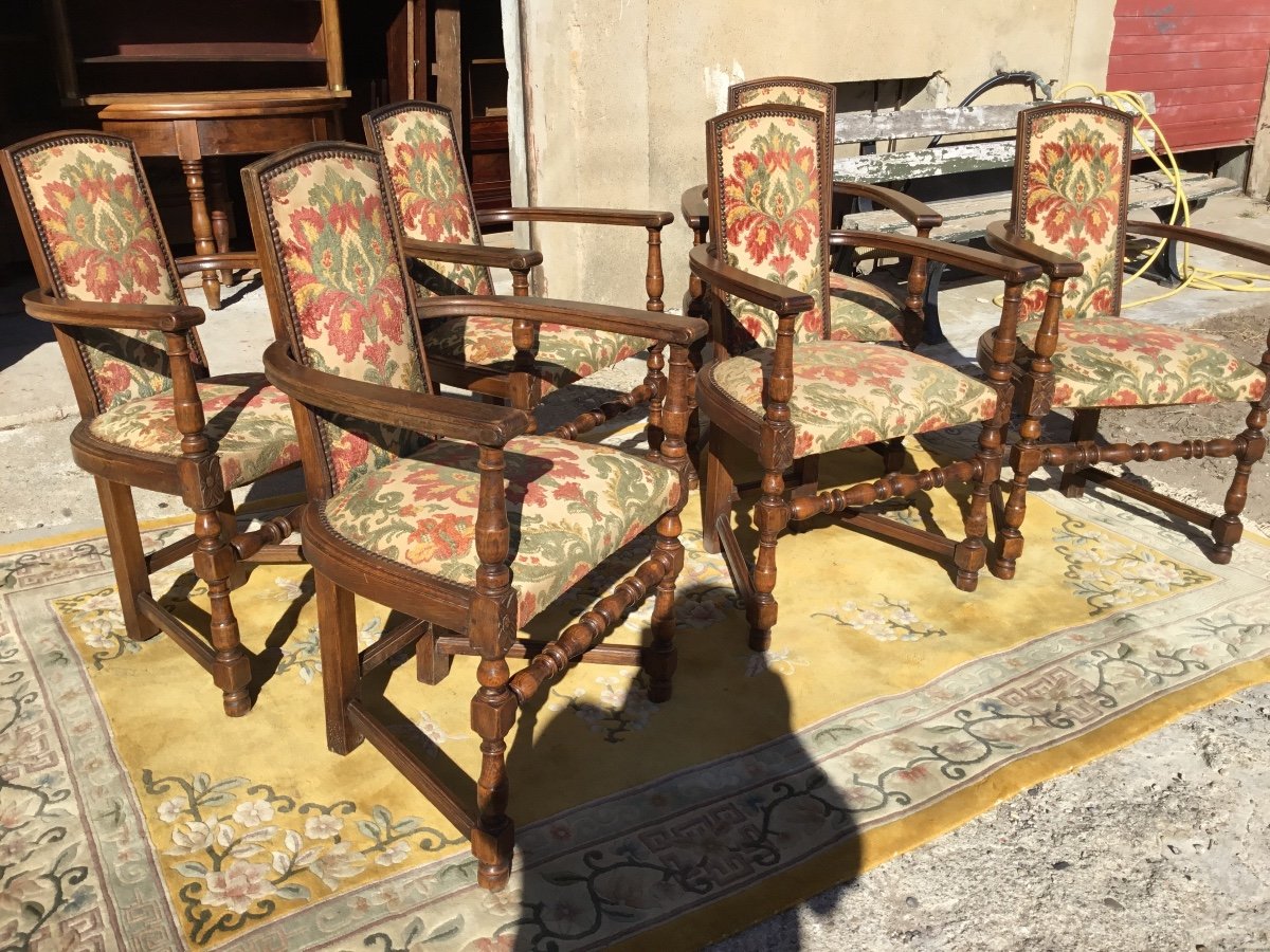 Suite Of 6 Art Deco Oak Chairs, 1920 Period-photo-2