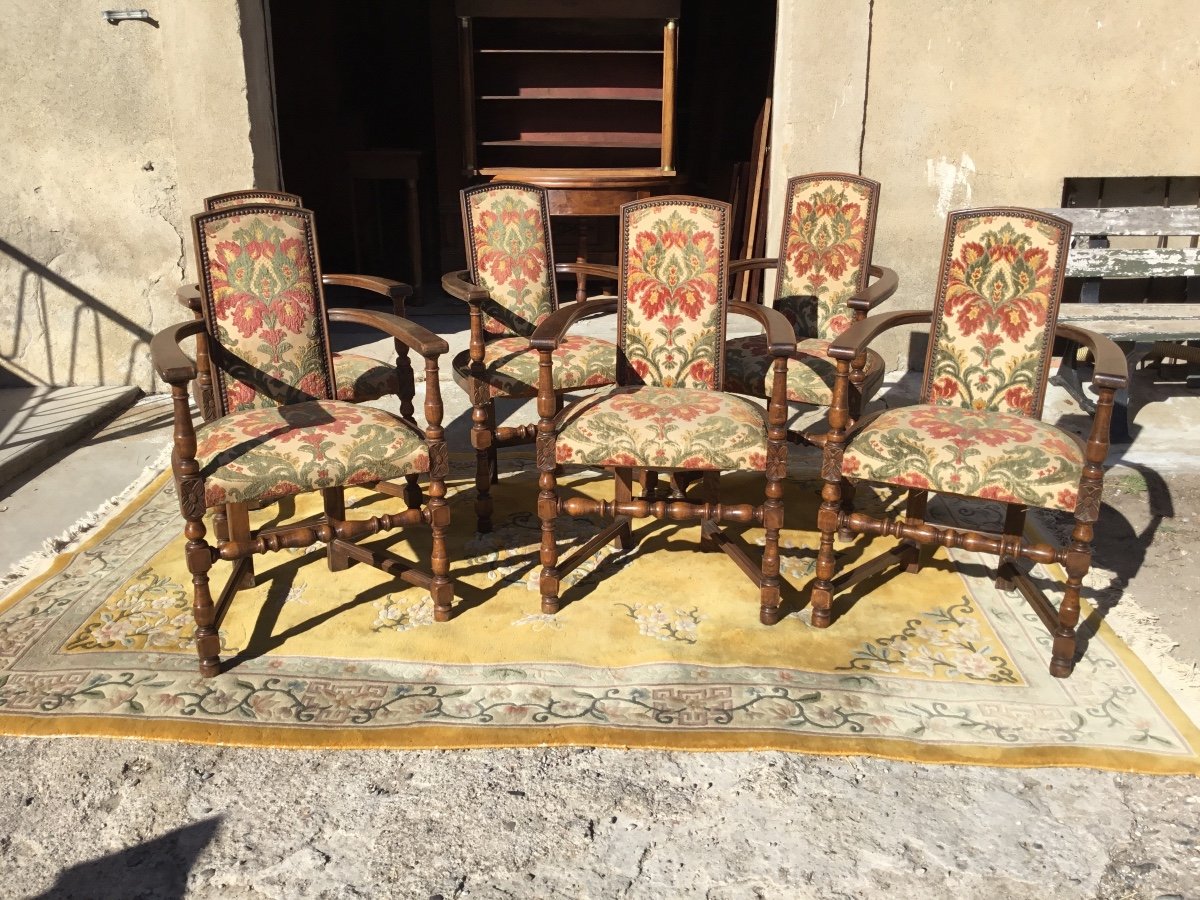 Suite Of 6 Art Deco Oak Chairs, 1920 Period