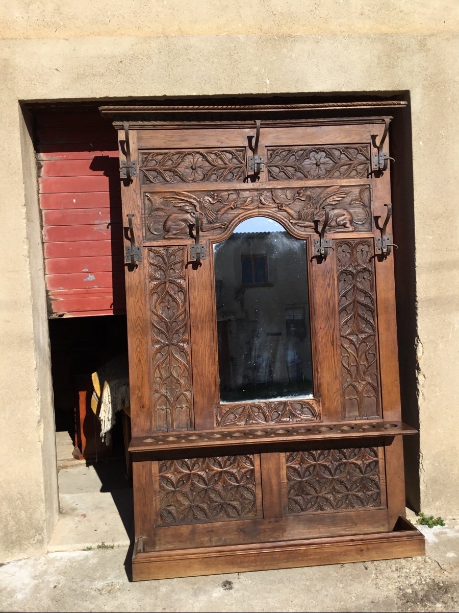 Cloakroom Castle Coat Rack, Oak, Neo-gothic 19th Century -photo-2