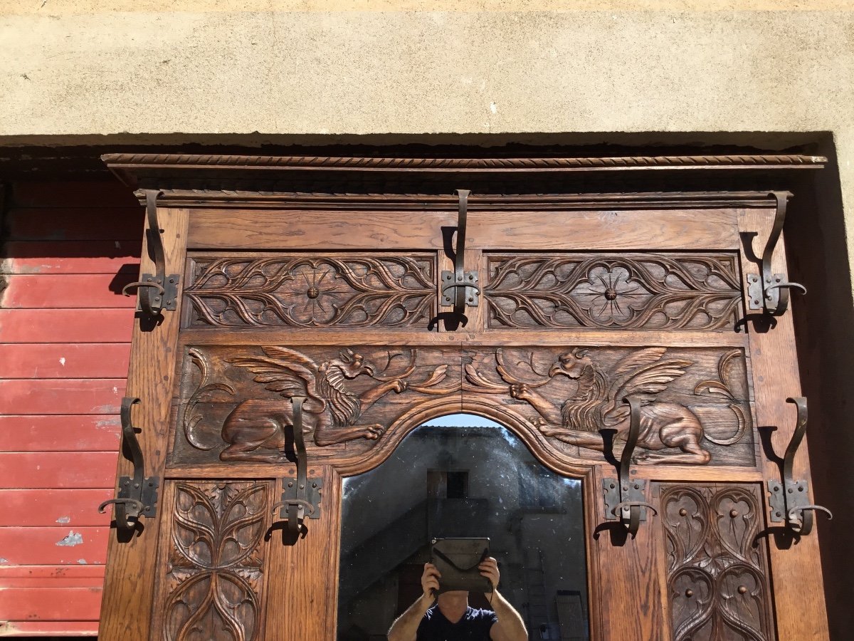 Cloakroom Castle Coat Rack, Oak, Neo-gothic 19th Century -photo-3