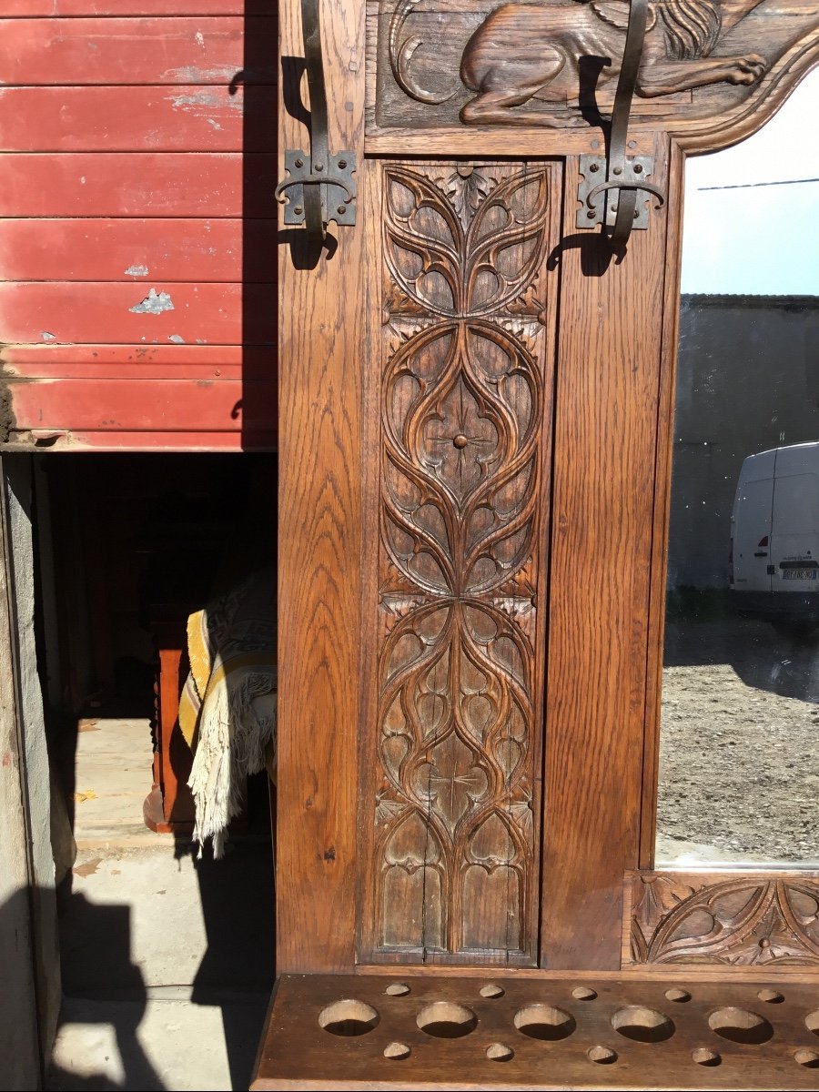 Cloakroom Castle Coat Rack, Oak, Neo-gothic 19th Century -photo-3