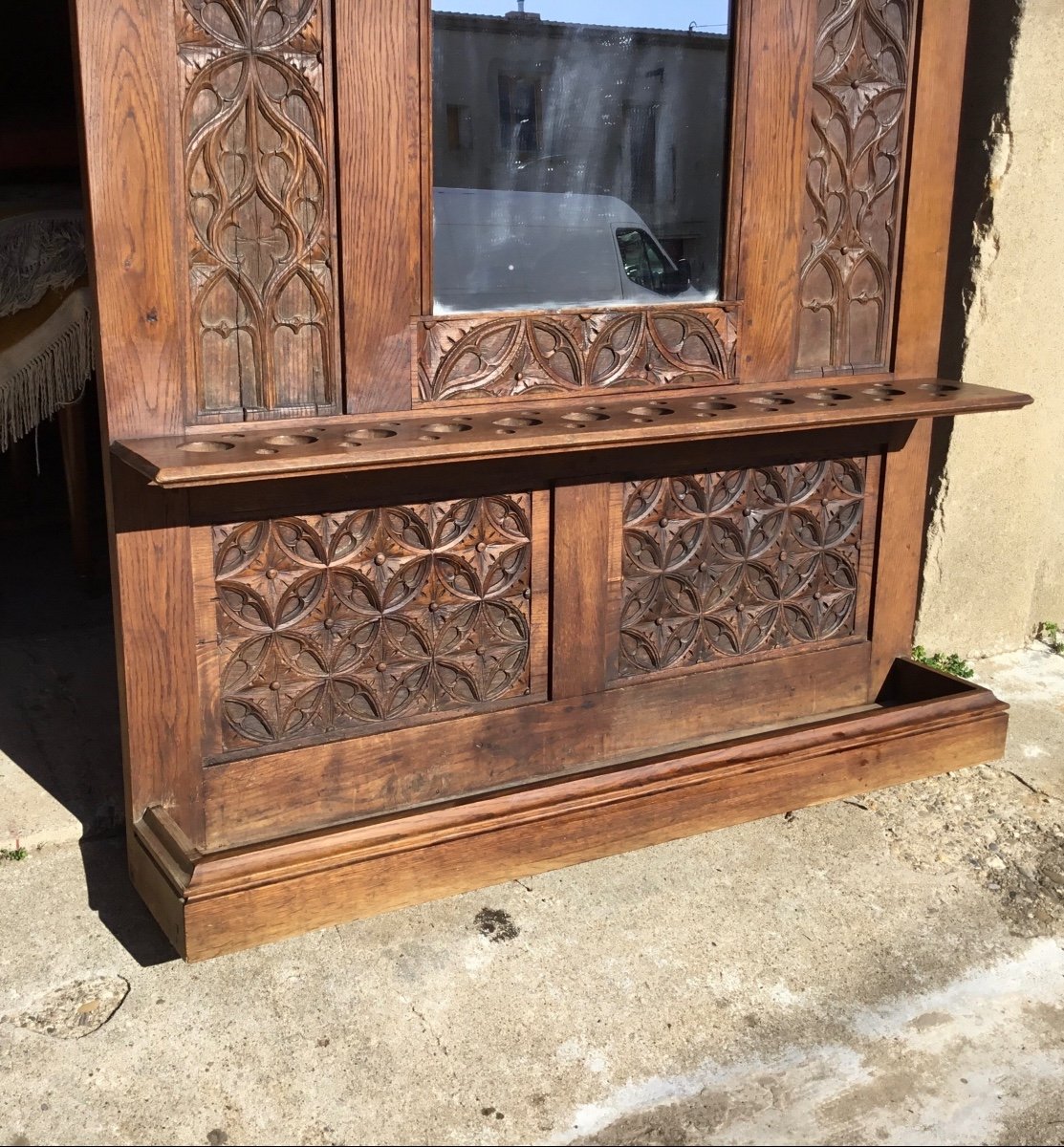 Cloakroom Castle Coat Rack, Oak, Neo-gothic 19th Century -photo-4