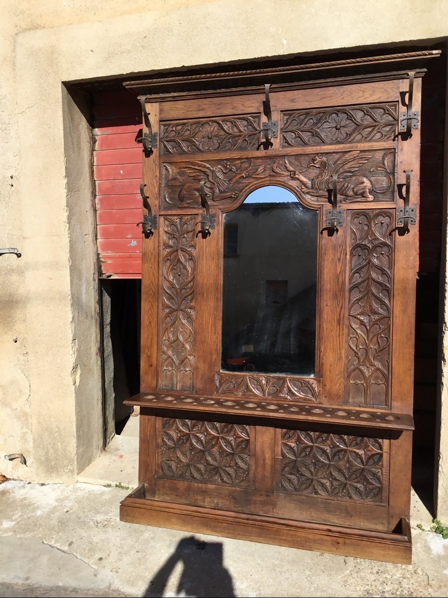 Cloakroom Castle Coat Rack, Oak, Neo-gothic 19th Century 