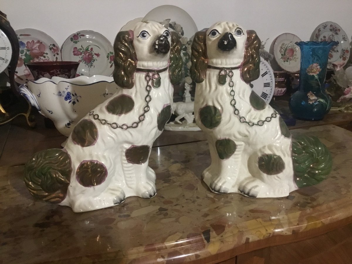 Pair Of Ceramic Dogs With Lustered Decor England, Early 20th.-photo-4