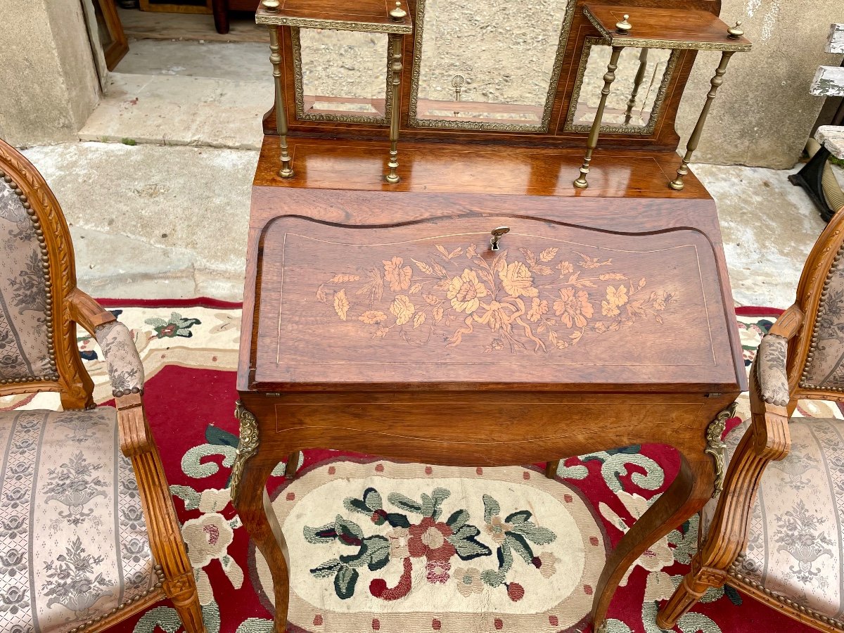 Bonheur Du Jour secrétaire , Louis XV En Acajou marqueterie époque Napoléon III. époque 19em.-photo-1
