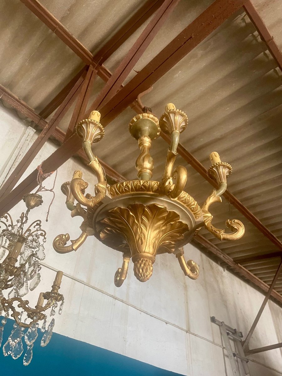 Lustre En Bois, doré Sculpté De Style Louis XVI à Six Lumières D’époque 19em siècle -photo-1