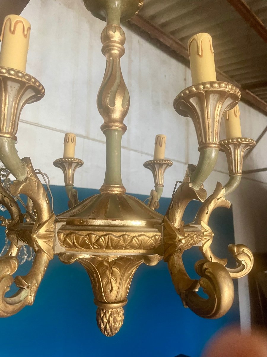 Lustre En Bois, doré Sculpté De Style Louis XVI à Six Lumières D’époque 19em siècle -photo-3