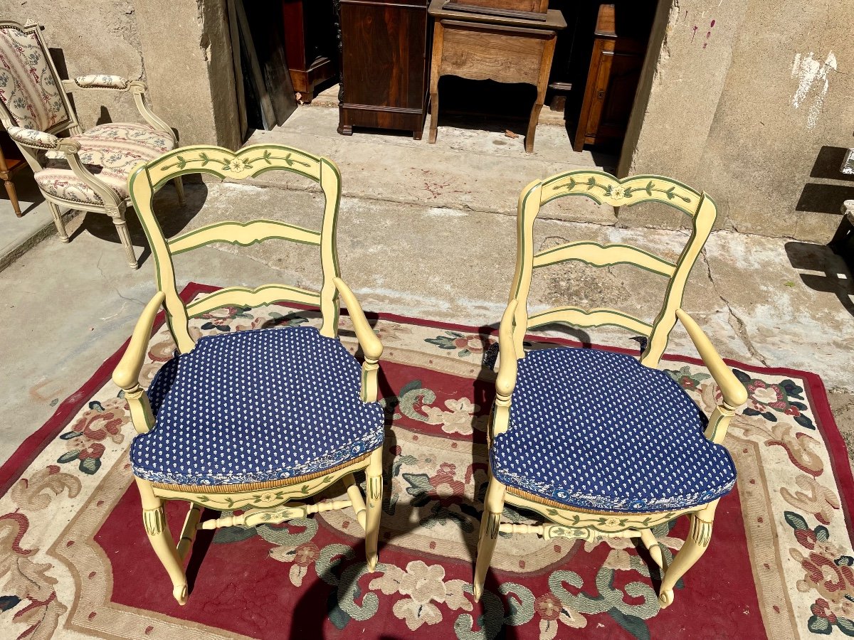 Pair Of Louis XV Armchairs, Provençal, Yellow Lacquered, 1950.-photo-1
