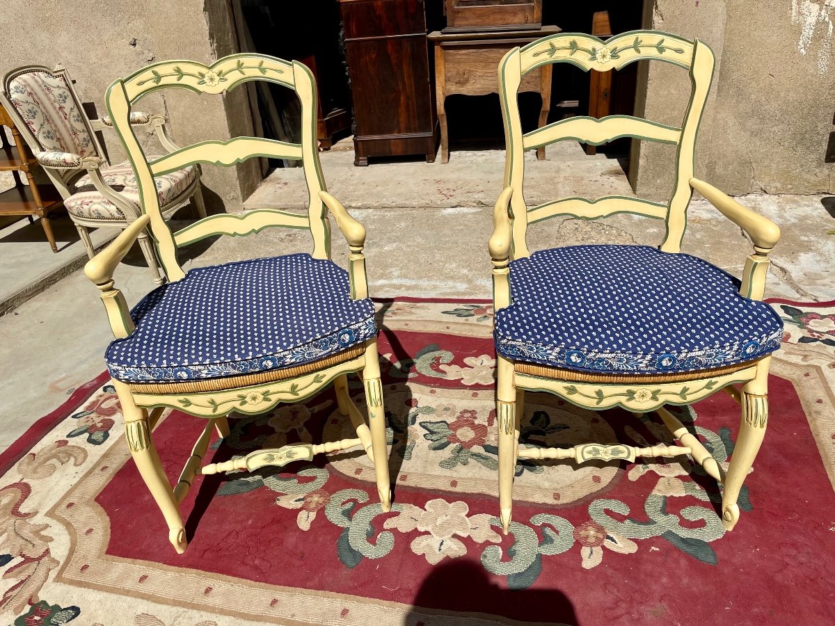 Pair Of Louis XV Armchairs, Provençal, Yellow Lacquered, 1950.-photo-2